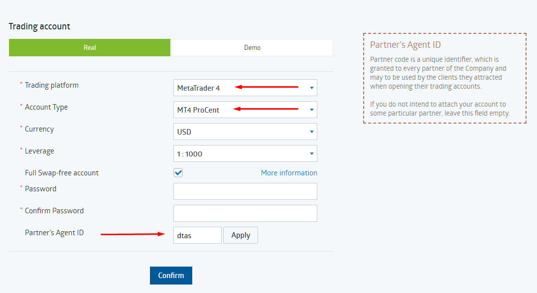 Example: select MetaTrader 4, account type, and enter the agent code.